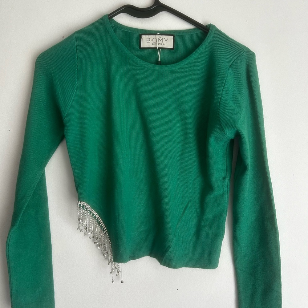 Green Long Sleeve Top with Beaded Diamond Sparkle Detail